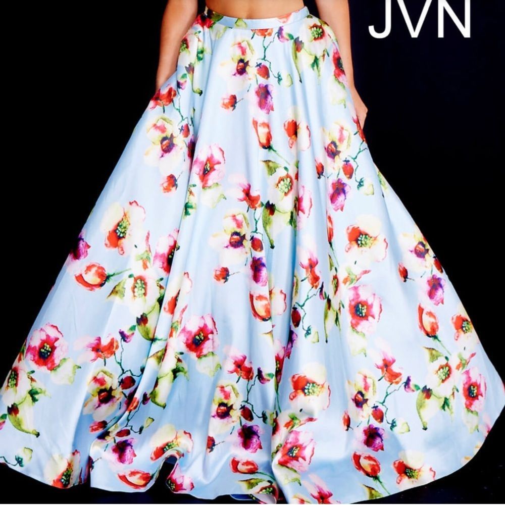 Jovani Pale Blue Colorful Floral Full Prom Skirt